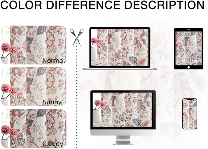 Kayne Studio Backtab Rod Pocket Jacobean Floral Semi Sheer Curtains Botanical Leaf Printed Vintage Farmhouse Navy Red Light Filtering Window Treatment Sets Living Room Bedroom,52"x90",2 Panels