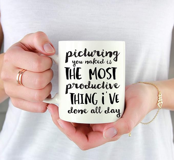 Andaz Press Valentine’s Day Funny 11oz. His Her Couples Coffee Mug Gift, Picturing You Naked is The Most Productive Thing I've Done All Day, 1-Pack, Gift Box