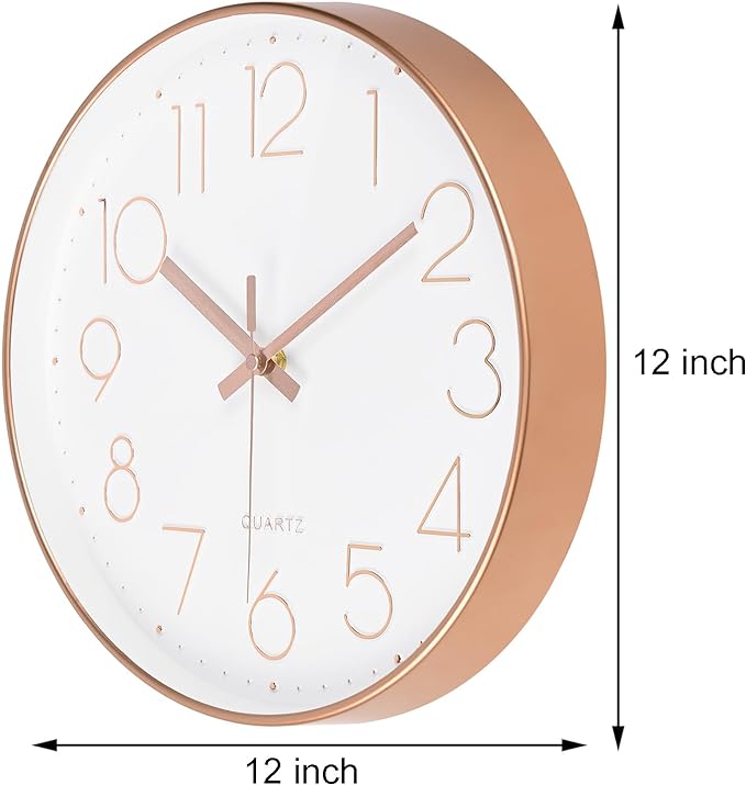 Wall Clock Battery Operated Non-Ticking Modern Analog Wall Clocks for Living Room, Kitchen, School (12Inch, Rose Gold)
