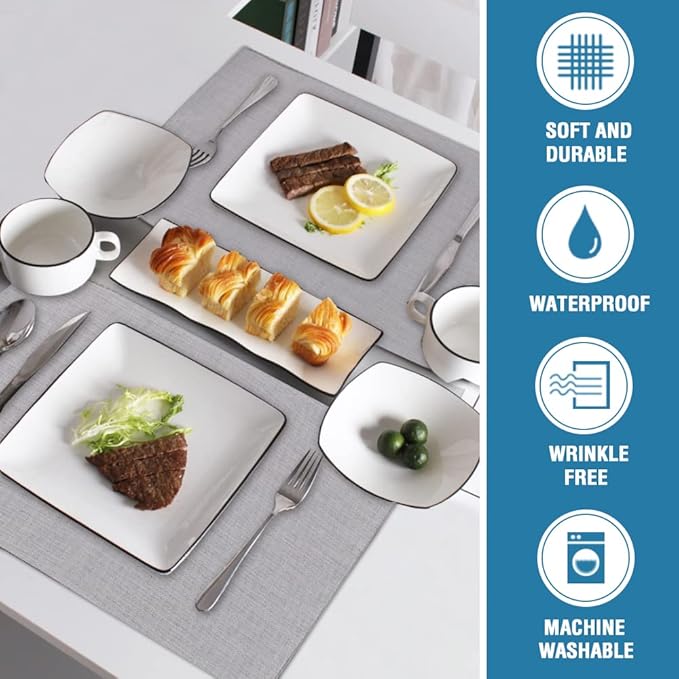 H.VERSAILTEX Linen Placemats Set of 4 Premium Solid Table Placemats for Dining Table Spill-Proof Waterproof Table Mats Heat-Resistant Kitchen Table Mats Washable, 12x18 inches, Grey