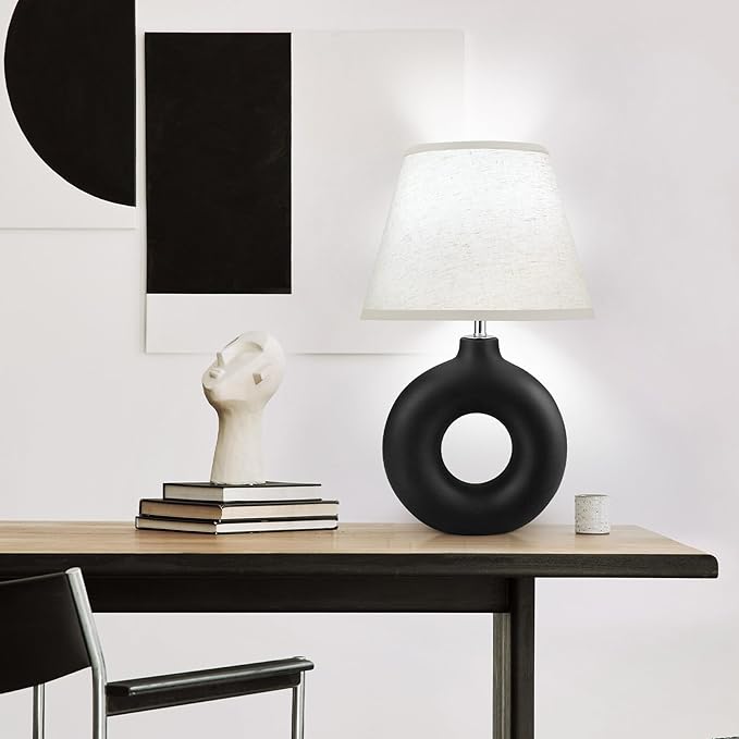 Black Ceramic Table Lamp for Living Room Bedroom, 21" Modern Bedside Lamps with 3 Color Temperature Farmhouse Rustic Table Lights for Night Stands, Dorm, Office, Home Décor (Bulb Included)