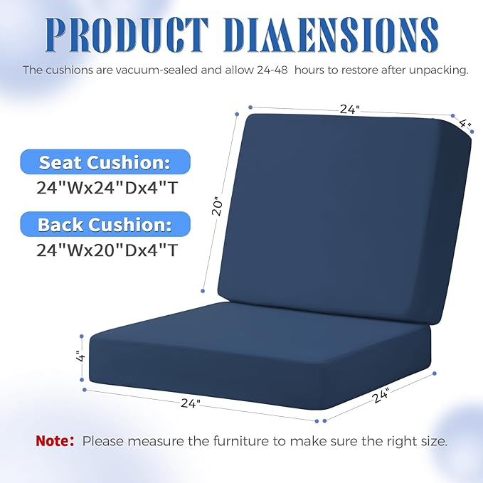 Outdoor Deep Seat Cushion Set of 2, 24 x 24 Inch Waterproof and Fade Resistant Patio Furniture Cushion Backrest with Ties for Patio Garden Yard and Balcony (Blue-2Pcs, 24x24Inch)