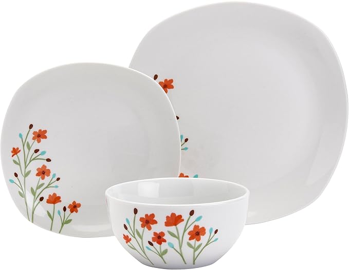 Tabletops Gallery 12-Piece White Floral Ceramic Dinnerware Set of Kitchen Dishes, Soft Square Dinner Salad Plates Cereal Bowls, Service for 4, Caroline