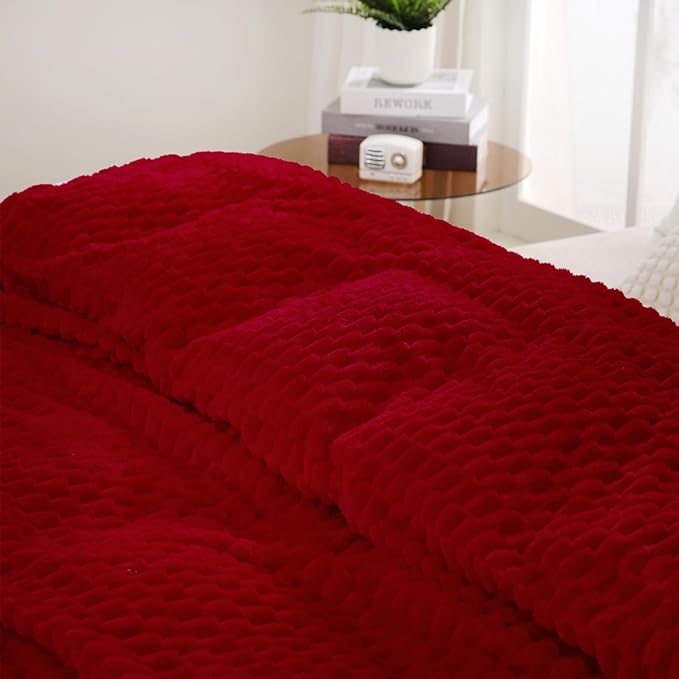 Puncuntex Red Throw Blanket 90"×90" inches Fuzzy 3D Jacquard Decorative Flannel Fleece Super Soft Plush Cozy Blanket for Couch Sofa Chair Lightweight