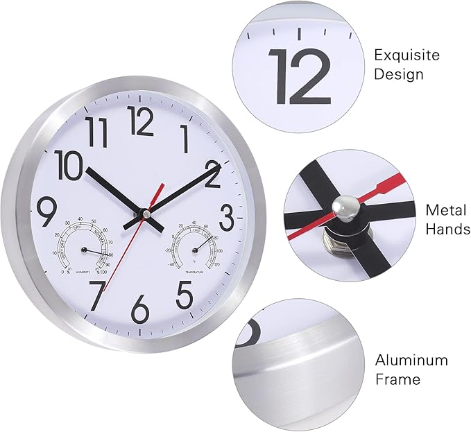 10 Inch Wall Clock with Temperature & Humidity, Aluminum Frame Wall Clocks, Sweep Silent Movement Accurate Clocks, Decorative for Kitchen Living Room Bedroom