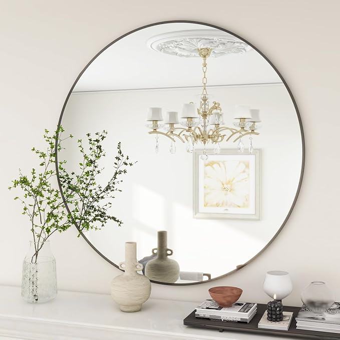 BEAUTYPEAK 20 Inch Round Mirror, Metal Frame Circle Mirror, Wall Mounted for Entryway, Bathroom, Vanity, Living Room, Black
