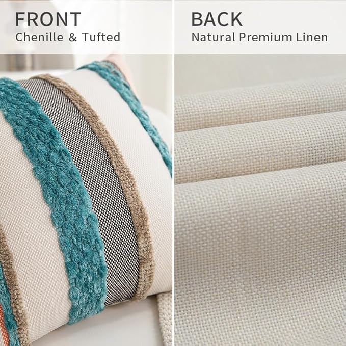 Boho Pillow Covers 18x18 Set of 2 for Couch-Modern Farmhouse Sofa Decorative Teal Throw Pillow Covers Textured Chenille Cushion Covers Outdoor Netural Bohemian Pillow Cases Square