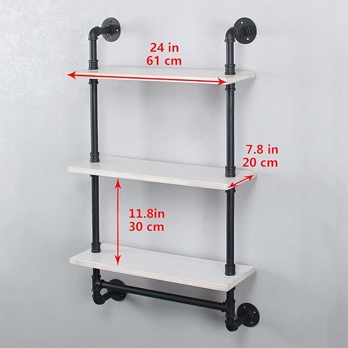 Industrial Pipe Shelving,Iron Pipe Shelves Industrial Bathroom Shelves with Towel bar,24in Rustic Metal Pipe Floating Shelves Pipe Wall Shelf,3 Tier Industrial Shelf Wall Mounted,Black & White