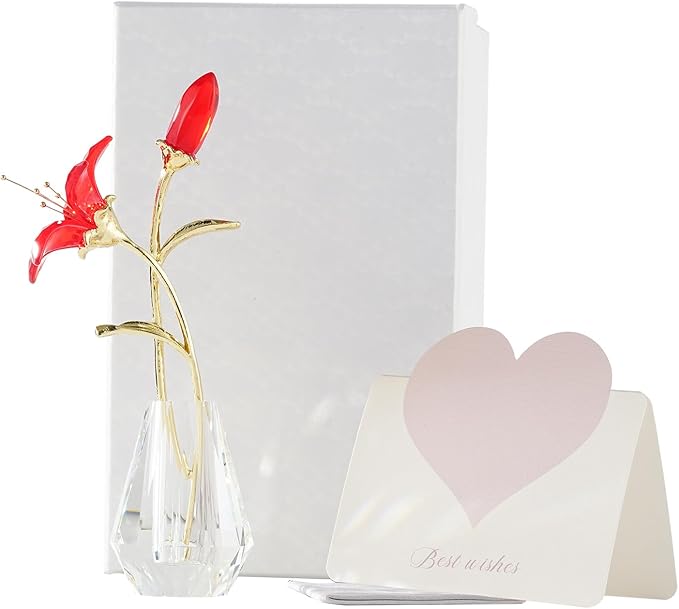Crystal Lily Figurine, Glass Flowers with Stem,Flower Collectible Gifts for Woman, Wedding Party Decor(Red)