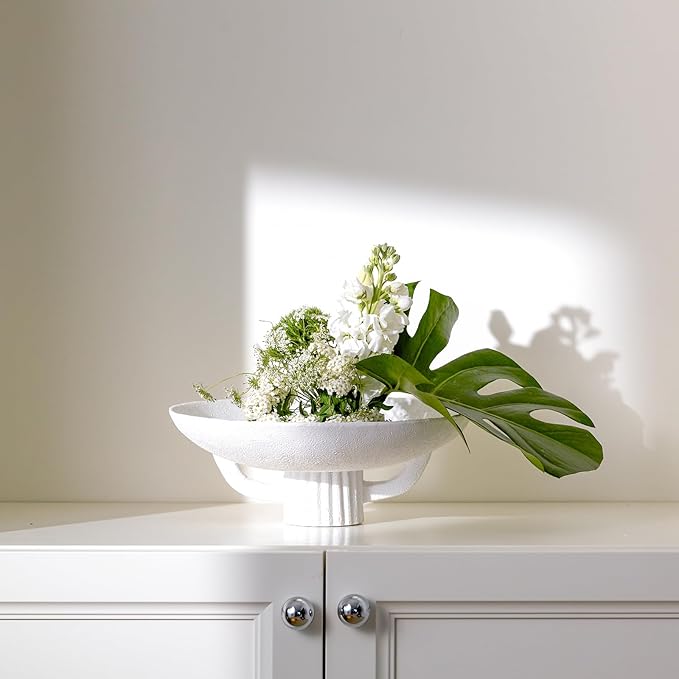 White Resin Decorative Bowl for Boho Modern Home Decor, 11.2" Large Elegant Pedestal Kitchen Fruit Bowl/Key Holder/ Potpourri for Entryway Table, Coffee Table, Dining Room,Table Centerpiece Bowl