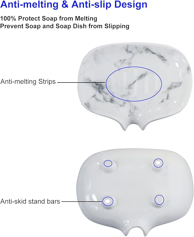 Ceramic Marble Texture Soap Dish, Self Draining Slot, Portable for Shower, Bathroom & Kitchen Sink