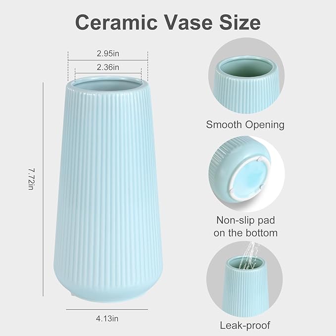 Blue Ceramic Vase, GUKJOB Small Cute Flower Vase for Pampas Grass, Home, Living Room, Dining Table, Farmhouse, Office Decor, Bedroom, Table, and Kitchen Shelf (Blue)