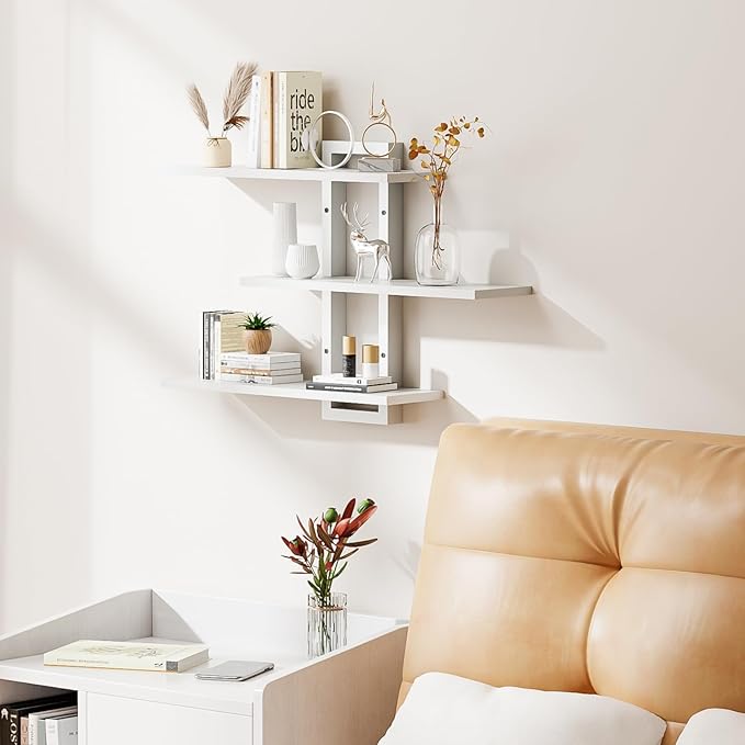 Homode Floating Shelves, Set of 3 Wooden Hanging Shelves for Bathroom and Bedroom Storage, Decorative Wall-Mounted Display Shelf for Plants, Books, Pictures, White