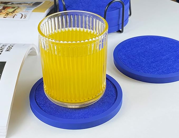 Absorbent Coasters with Holder - 6 Pack, Silicone with Soft Felt Insert (4.3 Inch Coasters, 4.5 Inch Holder, Blue)