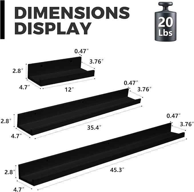 Muzilife 45.3" Large Floating Wall Ledge Shelves with Lip - Set of 2 Wood Floating Shelves - Black Wall Mounted Picture Ledge for Office, Bathroom, Bedroom, Living Room, Kitchen