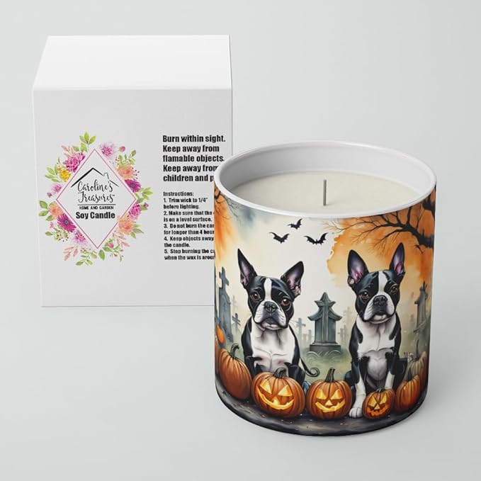 Caroline's Treasures DAC2023CDL Boston Terrier Spooky Halloween Decorative Soy Candle Nature Soy Wax Essential Oil Home Decor Ideal for Bedroom Kitchen Bath Office Gift, 10 oz