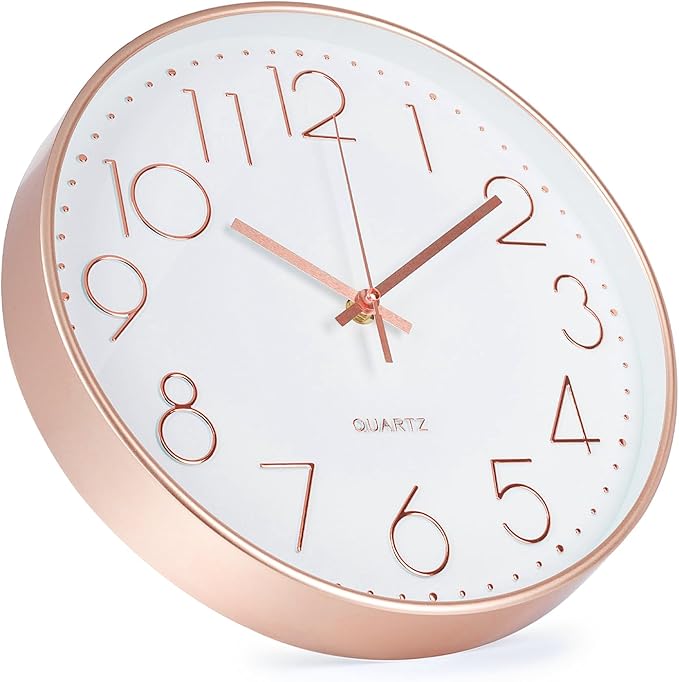 Wall Clock 10 Inch Non-Ticking Silent Modern Simple Style Round Decor Clock Rose Gold Stereoscopic Dial Quartz Wall Clocks for Home/Office/School/Living Room/Bedroom/Kitchen