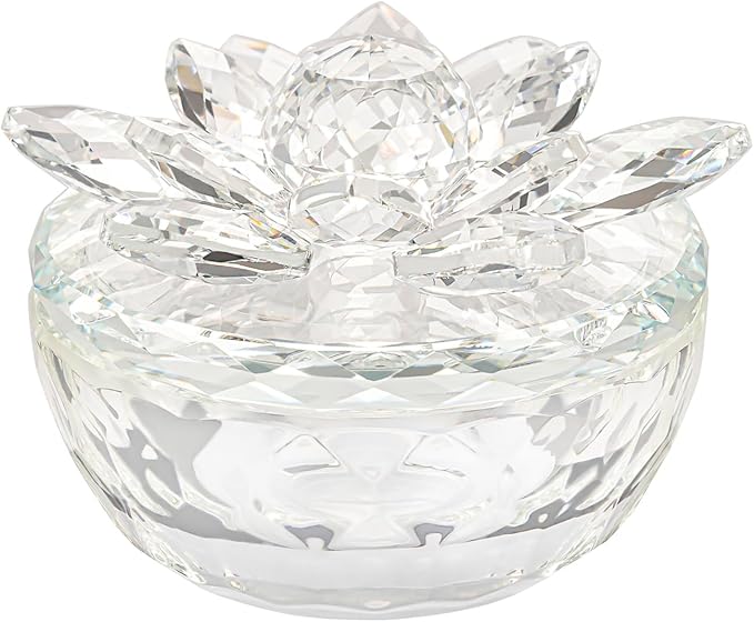 Crystal Jewelry Box Lotus Glass Jewelry Trinket Box with Lid Decorative Box to Ring Earrings Necklace Storage Holder for Home Decor (Transparent)