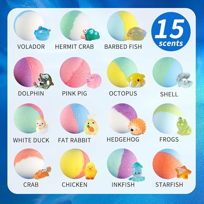Bath Bombs for Kids - 15pcs Bath Bombs with Surprise Toys Inside, Kids Friendly & Non-Toxic Fizzy Shower Bombs for Girls Boys, Handmade Bubble Bombs Bath Gift for Birthday, Christmas