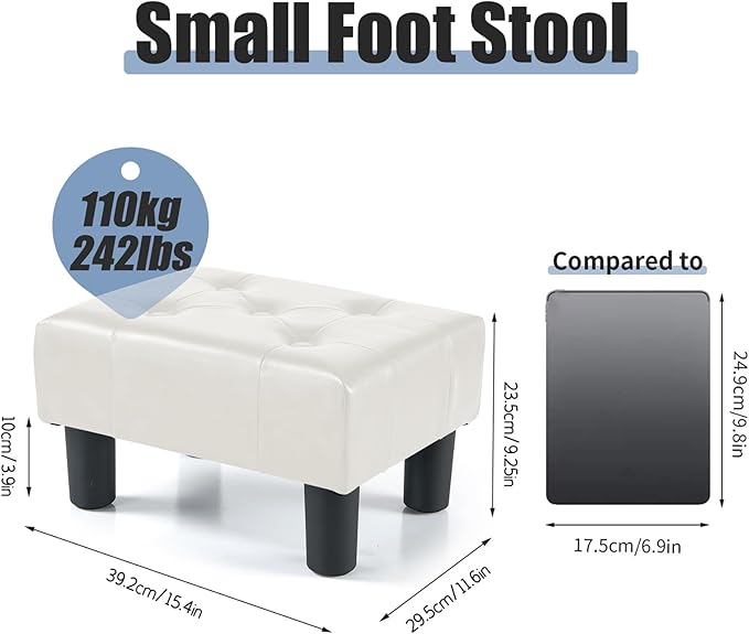 BRIAN & DANY Small Foot Stool, Leather Foot Stools with Legs, Stable Small Footstool for Living Room, White