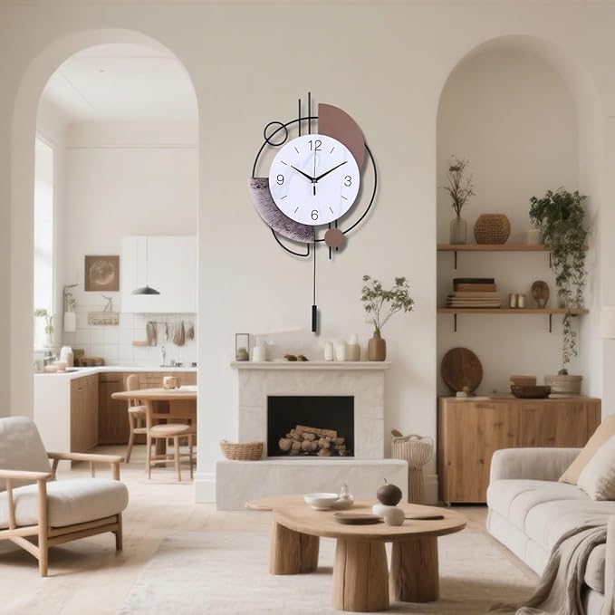 Wall Clock, Silent Non-Ticking Quality Quartz Battery Operated with Pendulum, Large Wall Clock for Living Room Kitchen Home Bathroom Bedroom Wall Decor, 13x21.65inch(Brown)