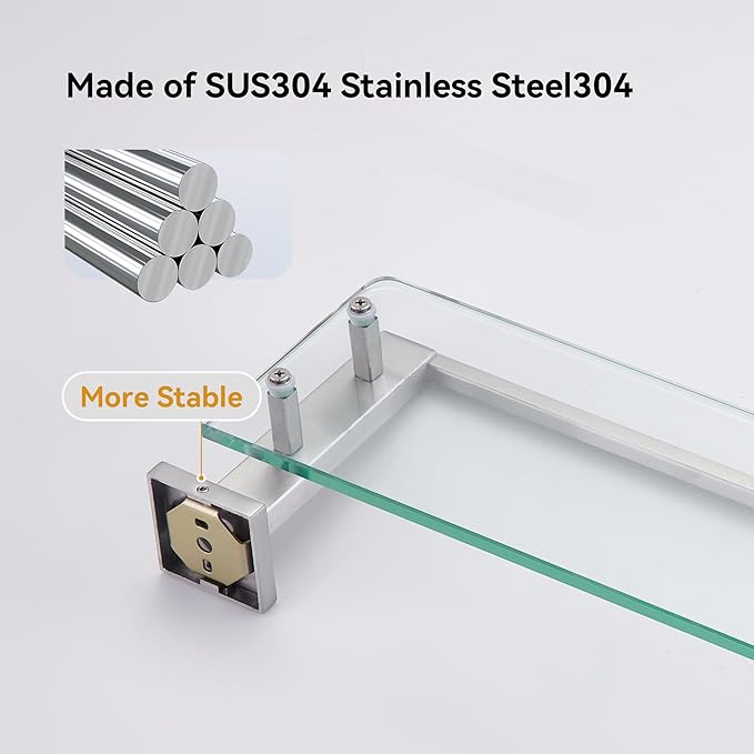Bathroom Shelves Glass Shelf 20-Inch Brushed Nickel Floating Tempered Glass Shelf Rectangular Modern Stainless Steel Wall Mount Shelves for Shower Bathroom Kitchen Organizers Accessories,A7613BN