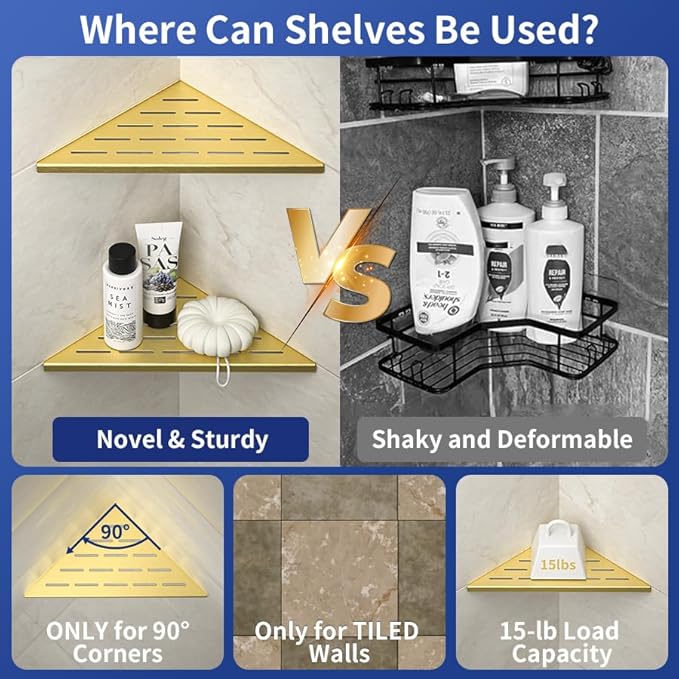 Corner Shower Shelf, 304 Stainless Steel Bathroom Shelf for Tiled Wall, Grout in Shelves (Gold, 10"-2 Pack)