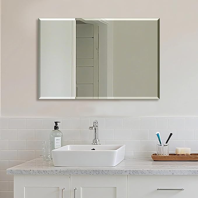 Ruomeng Wall Mirror Beveled Edge Frameless Mirror 20” x 28“ Wall Mounted Mirror for Bathroom Vanity and Entryway