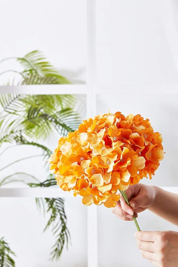 Orange Hydrangea Silk Flower 10 Heads Artificial Hydrangea Silk Flowers for Wedding Centerpieces Bouquets DIY Floral Decor Home Decoration with Long Stems