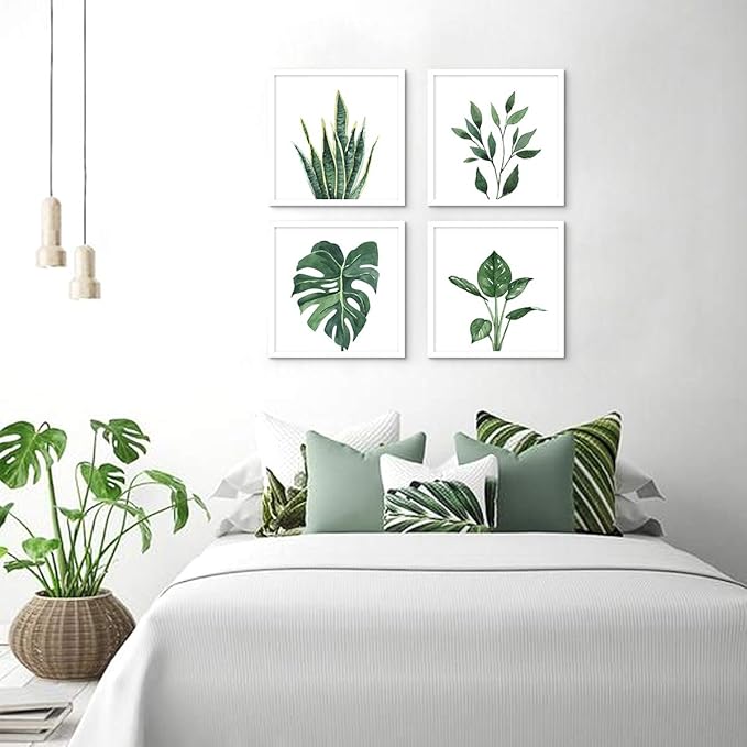 ArtbyHannah Framed Bathroom Wall Decor, 10x10 Inch Botanical Wall Art with Sage Green Plant Print for Wall Decoration, Minimalist Restroom Decor (White)