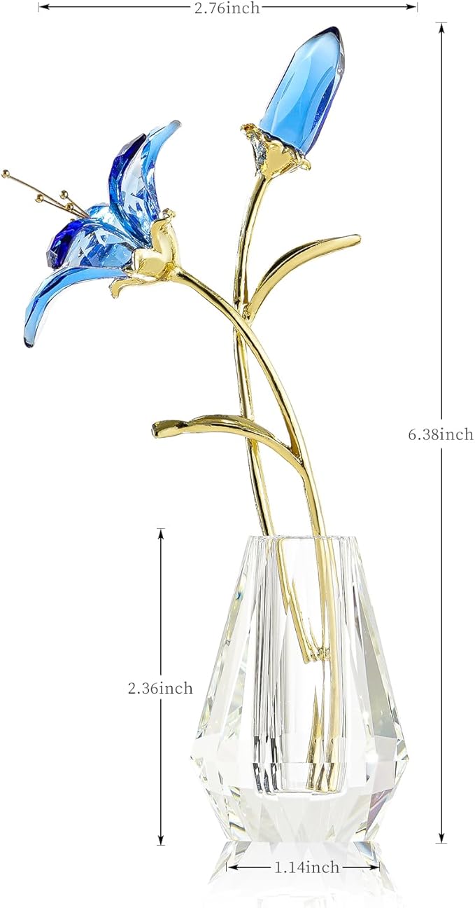 Crystal Lily Figurine, Glass Flowers with Stem,Flower Collectible Gifts for Woman, Wedding Party Decor(Blue)