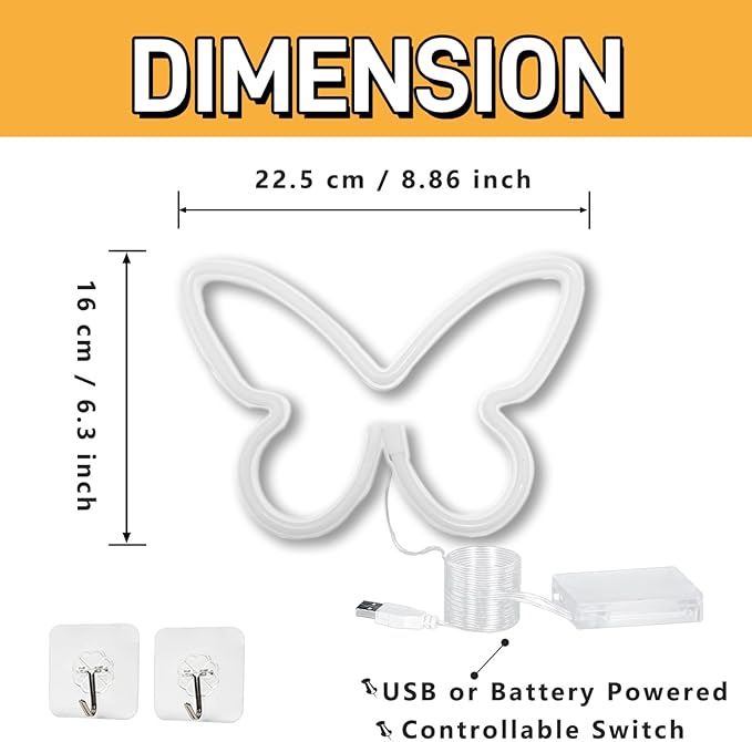 Butterfly Neon Sign, 2 Pack Led Neon Light USB/Battery Operated Wall Decor for Party, Birthday, Wedding, Holiday, Christmas, Living Room, Bar, Bedroom, Indoor, Valentine Gifts (Pink Purple)