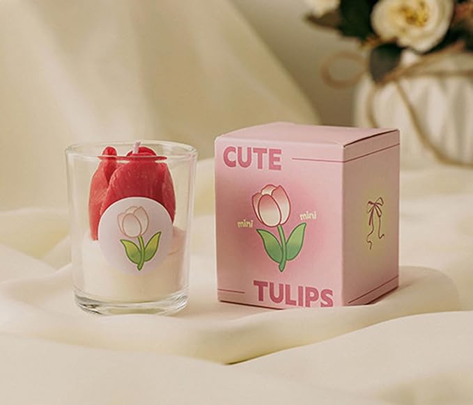 Tulip Flower Healing Scented Candle Glass Jar,110G Handmade Flower Bouquet Scented Soy Wax Aroma Decorative Candle for Table Photo Prop Gift,Prefect for Meditation Stress Relief Mood (Red)