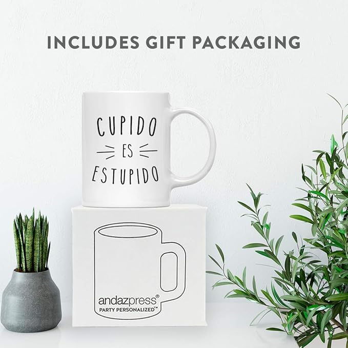 Andaz Press Valentine’s Day Funny 11oz. His Her Couples Coffee Mug Gift, Cupido Es Estupido, 1-Pack, Gift Box