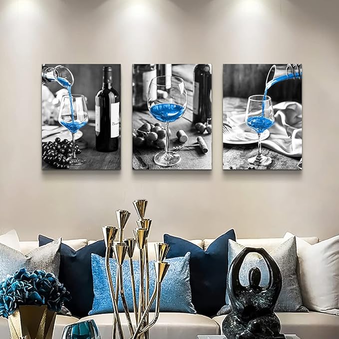 Wall Decor For Dining Room Canvas Wall Art For Kitchen Black And White Wine Glasses Pictures Modern Yellow Wine Canvas Art Prints Ready To Wall Painting For Restaurant Home Decorations 20"X28" 3 Piece