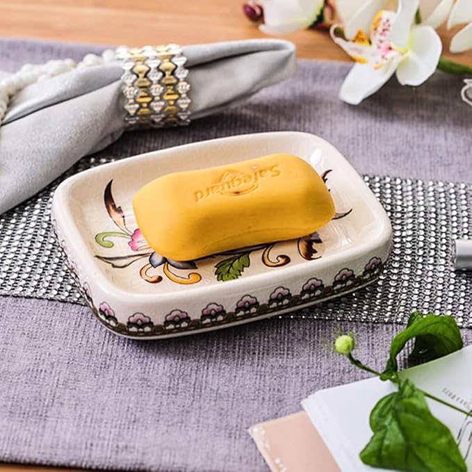 Ceramic Soap Dish Creative Ice Crack Ceramic Clorful Flower Pattern Soap Dish Holder for Bathroom and Shower Soap Tray Box with Drain Gift for Mum Family