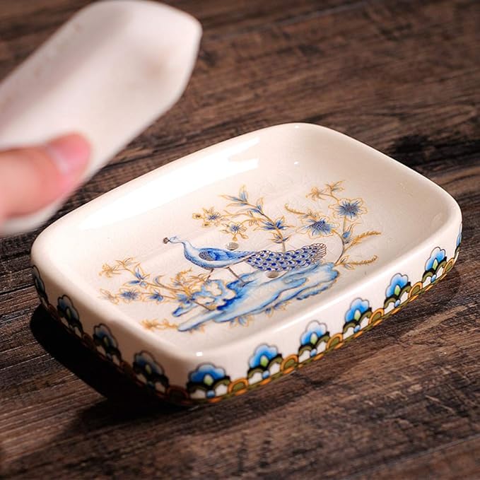Ceramic Soap Dish Creative Ice Crack Ceramic Peacock and Flower Pattern Soap Dish Holder for Bathroom and Shower Soap Tray Box with Drain Gift for Mum Family