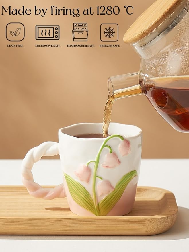 2024 Ceramic Coffe Mug with Handle, 12.85oz Cute Spring Flower Floral Handmade Figurine Mugs, Holiday and Birthday Gift for Coffee Milk Tea Lovers,Cups,Large Capacity (Blue)