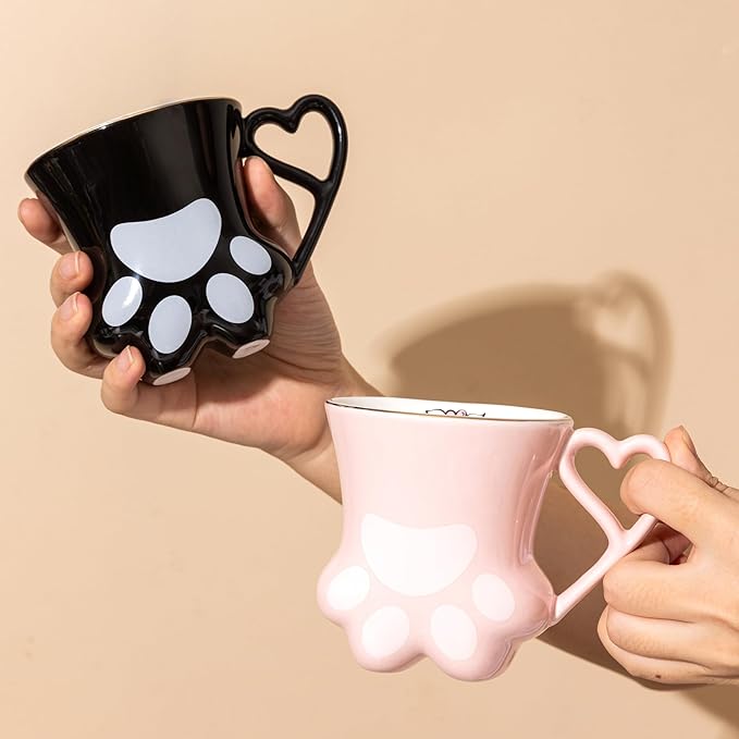 Cat Paw Coffee Mug - Pink and Black Set of 2, Perfect for Cat Lovers, Enjoy Your Coffee with These Cute Cat Paw Mugs, 10oz, Couple&Wedding, Best Festival Gifts(Black&Pink)