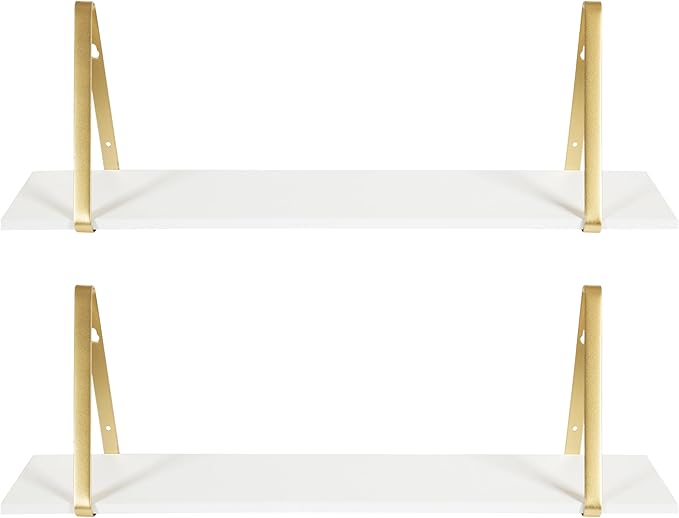 Kate and Laurel Soloman White Wooden Shelves with Gold Metal Brackets, 2 Piece Set