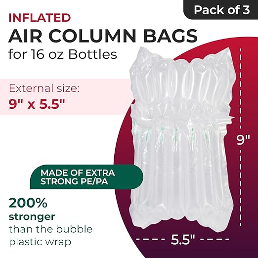 IDL Packaging Inflated 16 oz Bottle Air Bags, Self Sealed, Pack of 3 - Reusable Air Column Bags for Packing, Travel and Shipping - Cushioning Protector for Glass, Ceramic, Breakables