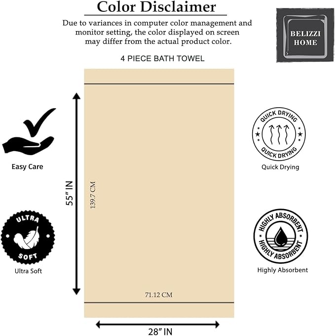 Belizzi Home Ultra Soft 4 Pack Oversized Bath Towel Set 27x54 inches, 100% Cotton Bath Towels, Highly Absorbant Compact Quickdry & Lightweight Towel, Ideal for Gym Travel Camp Pool - Charcoal Grey