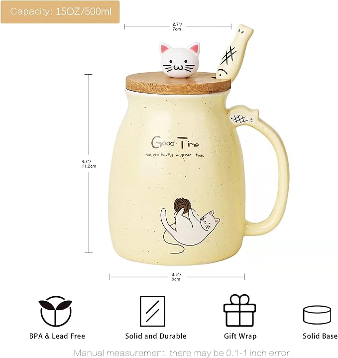 SHENDONG Cute Cat Mug Cat Cup Novelty Cat Mugs Cat Gifts for Cat Lovers Women Girl Kids Morning Office Cute Cat Cup Coffee Cup with Kawaii Kitty Lid and Spoon Japanese style Yellow 15OZ