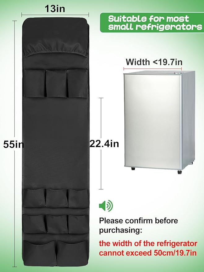 Extended Mini Fridge Caddy Organizer - 55" x 13" Back to School Dorm and Office Over the Fridge Storage Organizer with 12 Pockets for Flatware Drink Paper Goods, College Must Have, Black