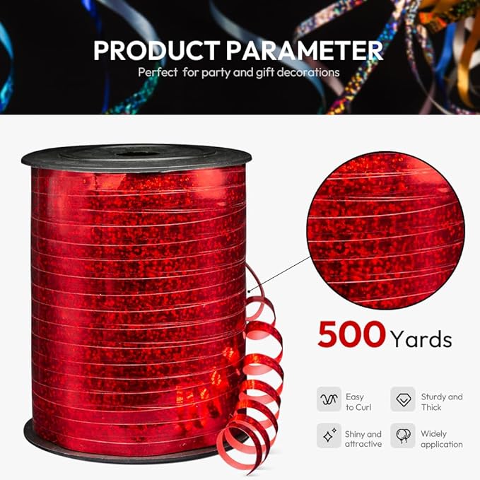 500 Yards Shiny Metallic Curling Ribbon with Spool, 1/5" Holographic Curly Ribbons - Perfect for Gift Wrapping, Florist Flowers, Birthday Party Decorations, and Balloon String Ribbon in Red