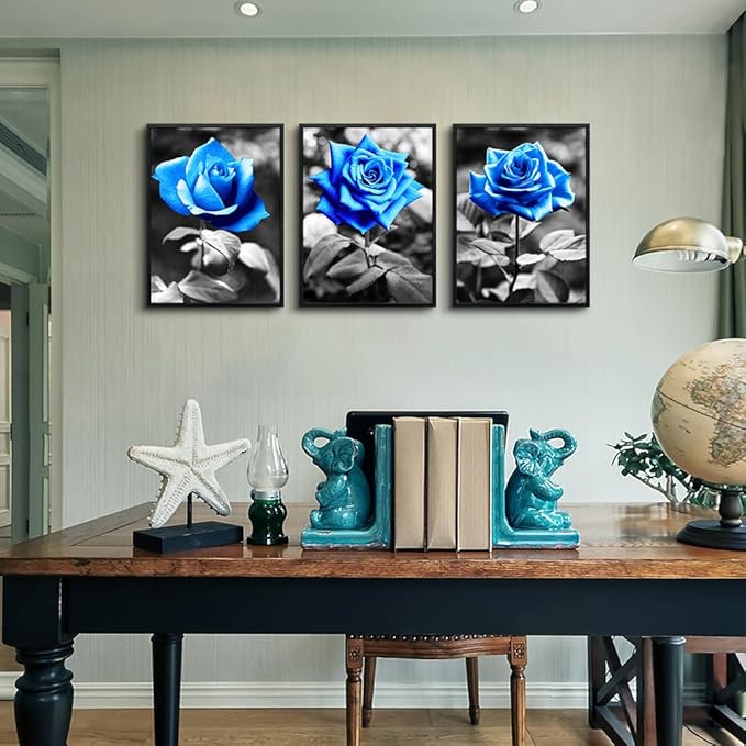 TTHYUEWS Black Framed Wall Art Prints For Living Room Family Wall Decor For Kitchen Black And White Pictures Artwork Blue Rose Flowers Wall Paintings Modern Office Bedroom Room Home Decor 3 Pieces