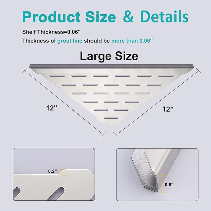 12" Corner Shower Shelf, 2-Pack Bathroom Shelves for Tile Walls, SUS304 Stainless Steel Recessed Shower Shelf, Grout in Corner Organizer Shelves, Brushed Silver, Large Size