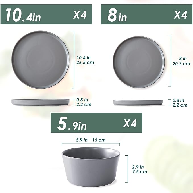 Asrug 12-Piece Plates and Bowls Sets,Ceramic Dinnerware Sets for 4, Chip Resistant and Scratch Dish Set, Dining Dinner Porcelain Dishware, Microwave and Dishwasher Safe (Gray)