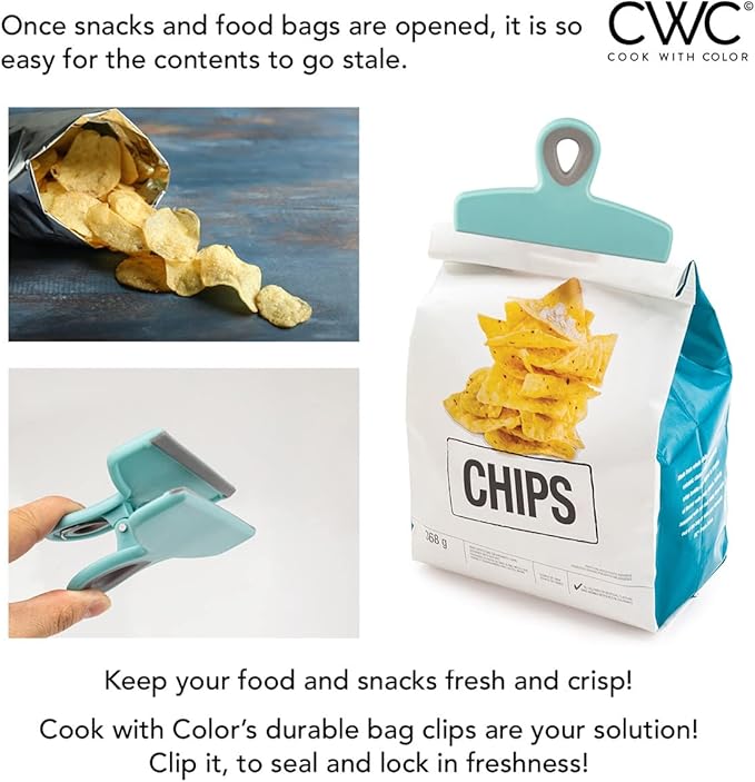 COOK WITH COLOR Bag Clips - Heavy Duty Chip Clip and Refrigerator Magnet Clips for Food Storage with Air Tight Seal Grip, Teal, Pack of 4 Large Clips