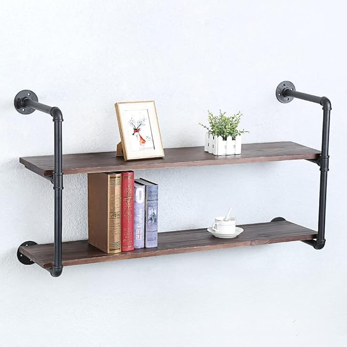 Industrial Pipe Shelving Wall Mounted,42in Rustic Metal Floating Shelves,Steampunk Real Wood Book Shelves,Wall Shelf Unit Bookshelf Hanging Wall Shelves,Farmhouse Kitchen Bar Shelving(2 Tier)